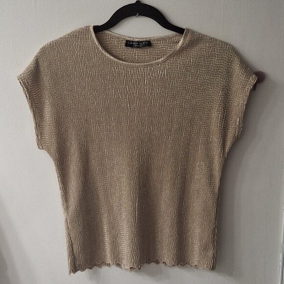 Lana Lee Gold/Beige Pleated/Textured Short Sleeve Top - Size S, Chic & Versatile - Picture 1 of 7